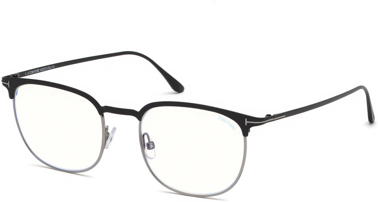 Tom Ford FT5549-B Geometric Eyeglasses 005-005 - Matte Black Enamel, Shiny Light Ruthenium / Blue Block Lenses