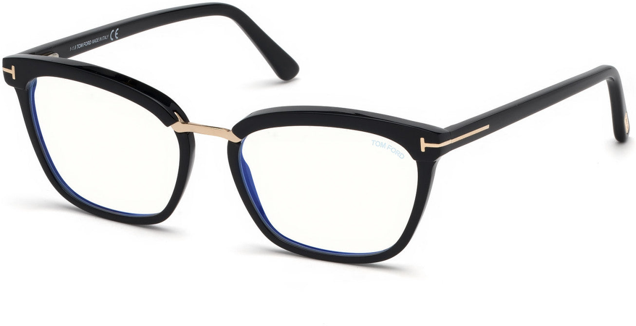 Tom Ford FT5550-F-B Geometric Eyeglasses 001-001 - Shiny Black, Rose Gold Details/ Blue Block Lenses