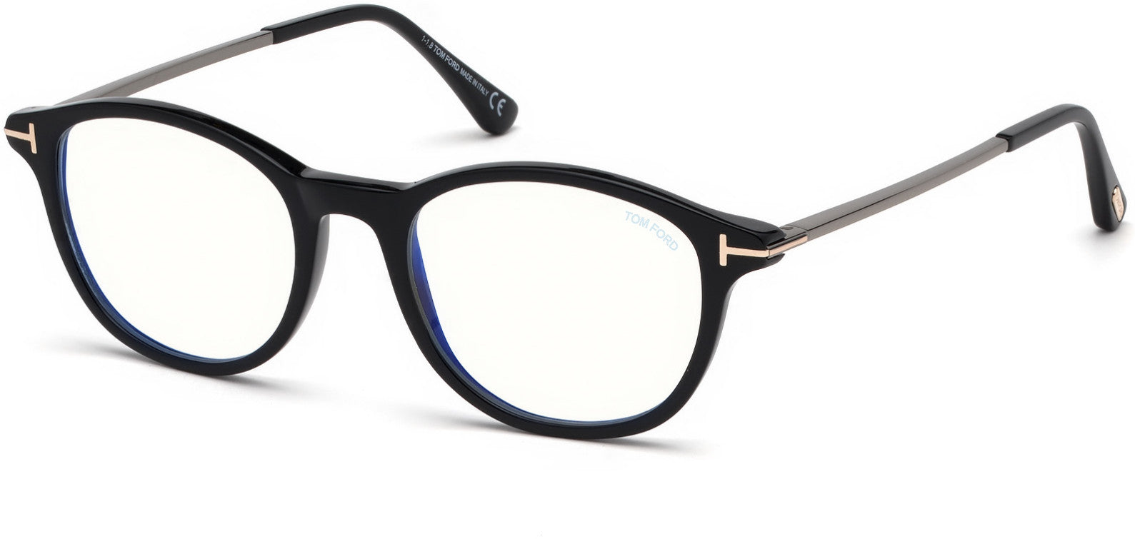 Tom Ford FT5553-F-B Round Eyeglasses 001-001 - Shiny Black, Shiny Dark Ruthenium/ Blue Block Lenses