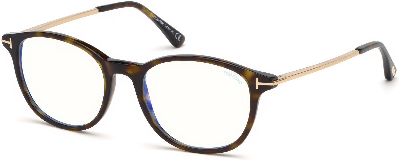 Tom Ford FT5553-F-B Round Eyeglasses 052-052 - Shiny Dark Havana, Shiny Gold/ Blue Block Lenses