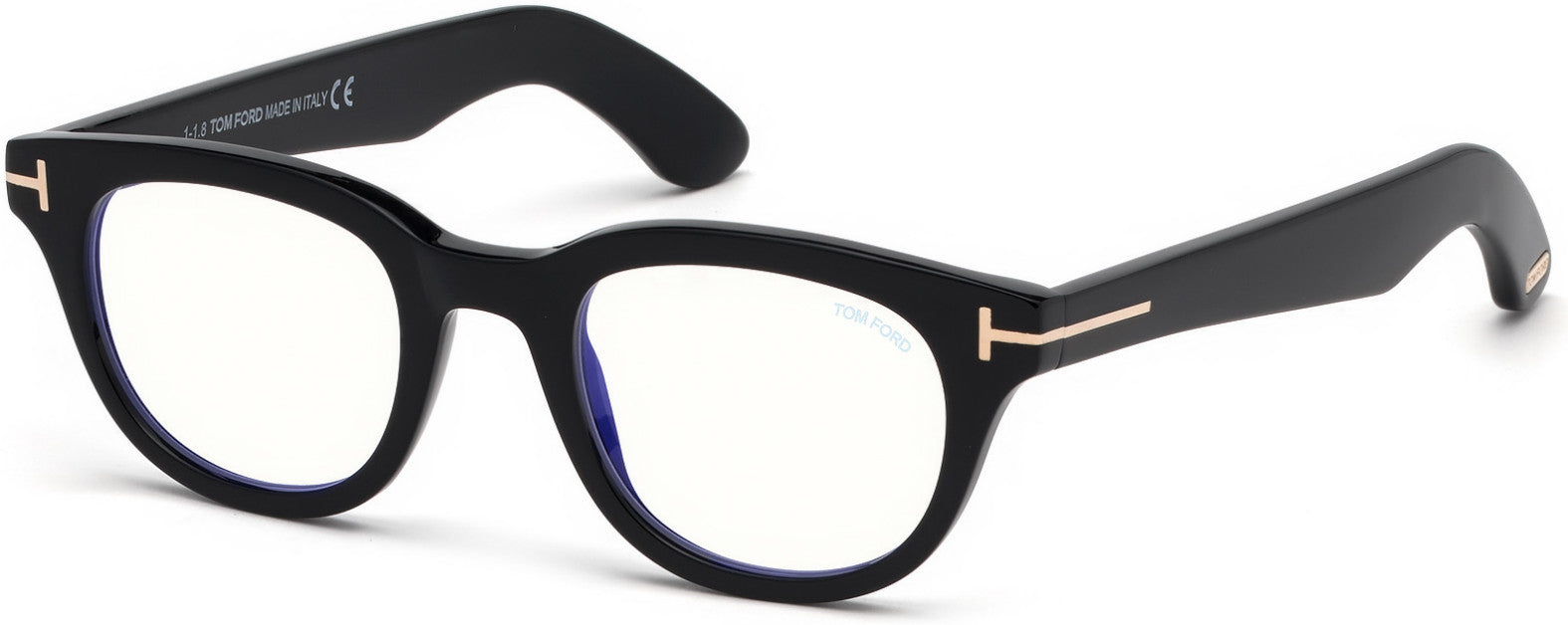 Tom Ford FT5558-B Geometric Eyeglasses 001-001 - Shiny Black, Shiny Rose Gold "t" Logo / Blue Block Lenses