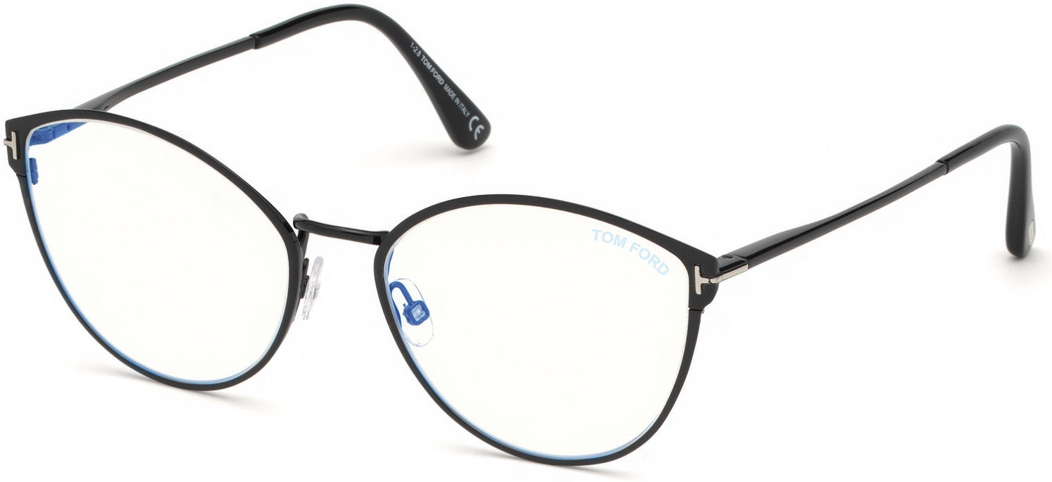 Tom Ford FT5573-B Cat Eyeglasses 001-001 - Shiny Black, Palladium "t" Logo, Black Tips/ Blue Block Lenses