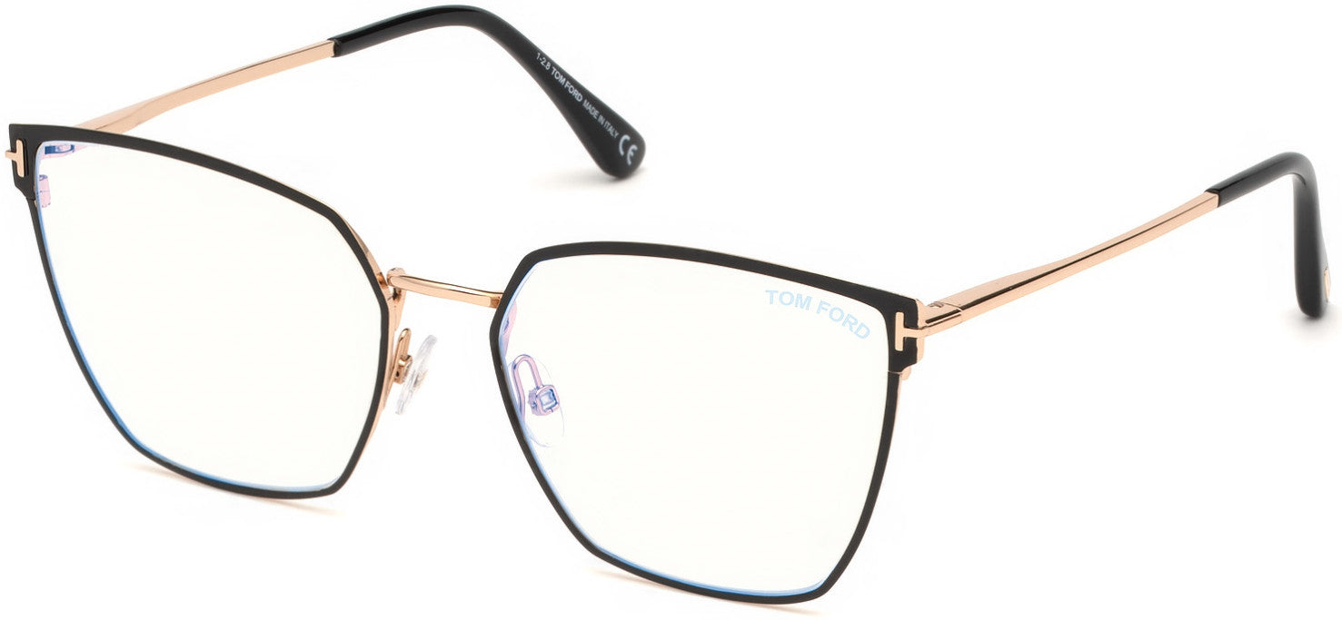 Tom Ford FT5574-B Geometric Eyeglasses 001-001 - Black Enamel Front, Shiny Rose Gold, Black Tips/ Blue Block Lenses