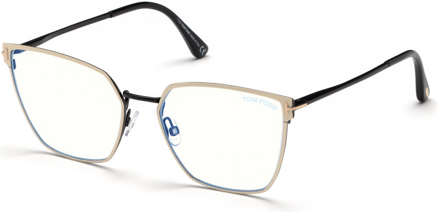 Tom Ford FT5574-B Geometric Eyeglasses 021-021 - Ivory Enamel Front, Shiny Black Metal, Black Tips/ Blue Block Lenses