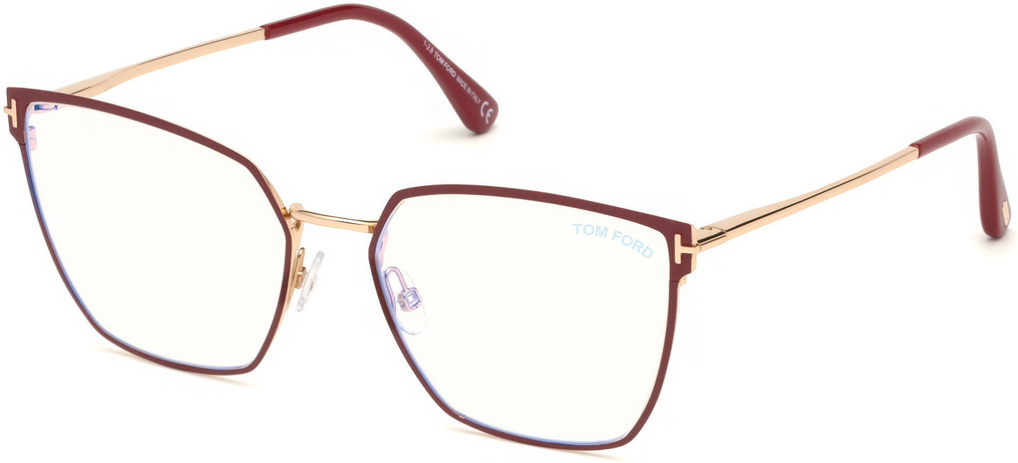 Tom Ford FT5574-B Geometric Eyeglasses 069-069 - Red Enamel, Shiny Rose Gold, Red Tips/ Blue Block Lenses