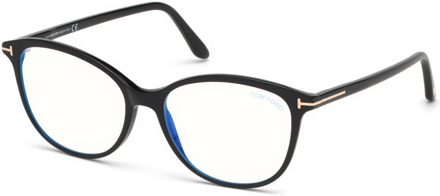 Tom Ford FT5576-F-B Geometric Eyeglasses 001-001 - Shiny Black, Shiny Rose Gold "t" Logo/ Blue Block Lenses