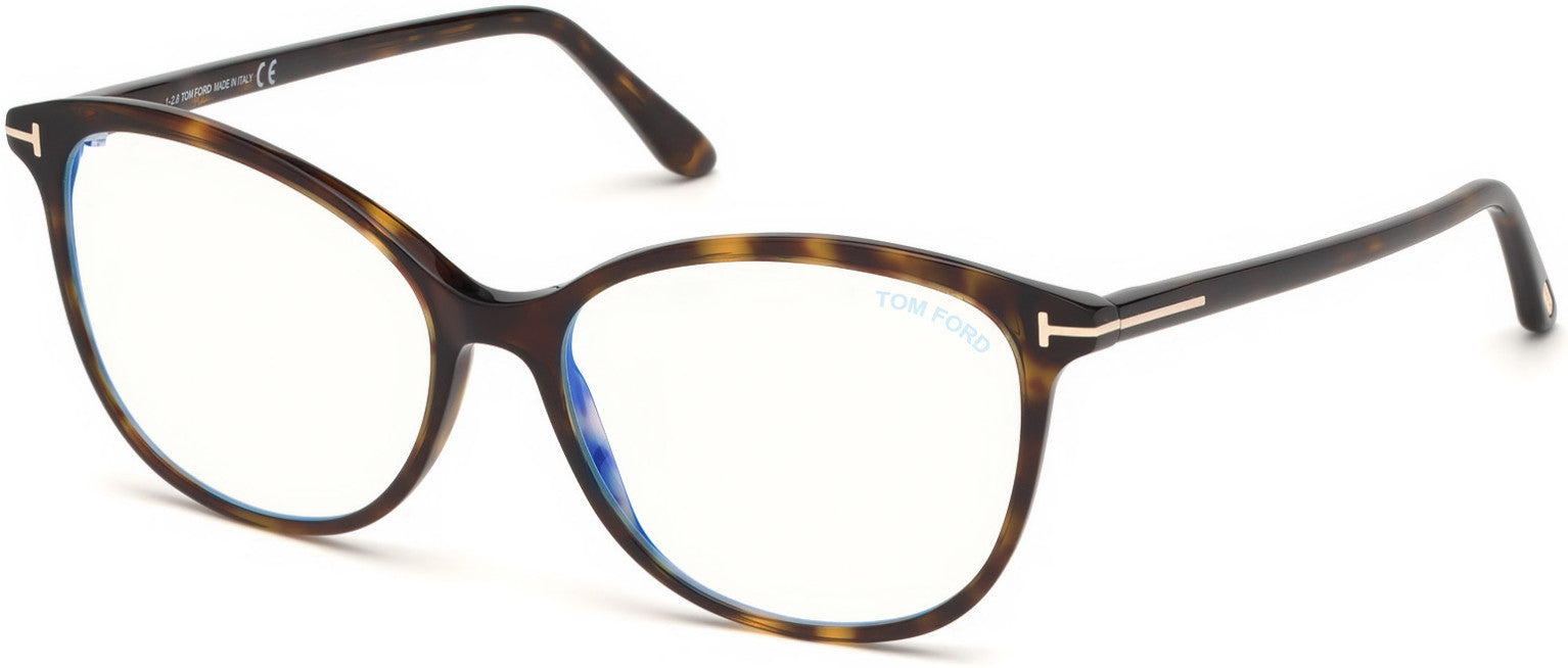 Tom Ford FT5576-F-B Geometric Eyeglasses 052-052 - Shiny Classic Dark Havana, Shiny Rose Gold "t" Logo/ Blue Block Lenses