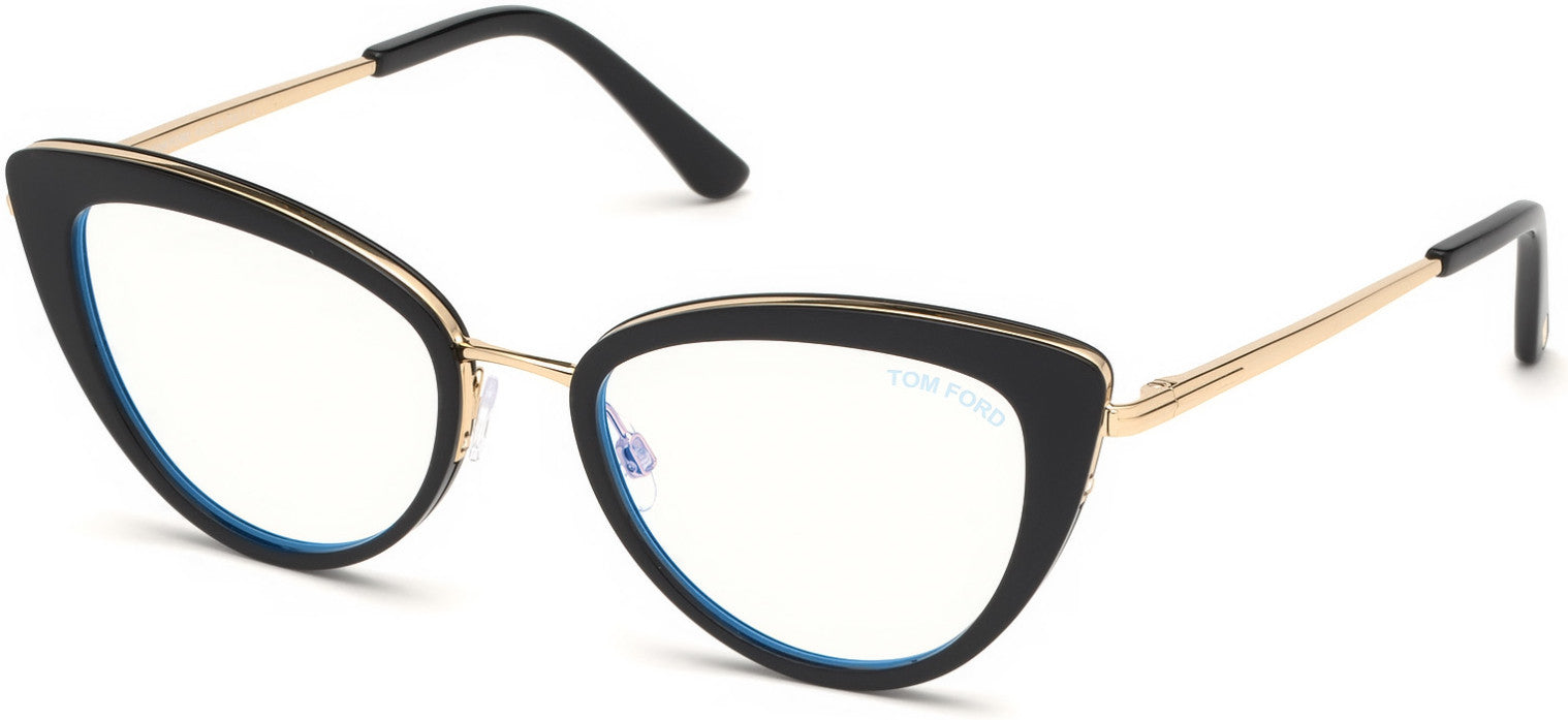 Tom Ford FT5580-B Cat Eyeglasses 001-001 - Shiny Black, Shiny Rose Gold / Blue Block Lenses