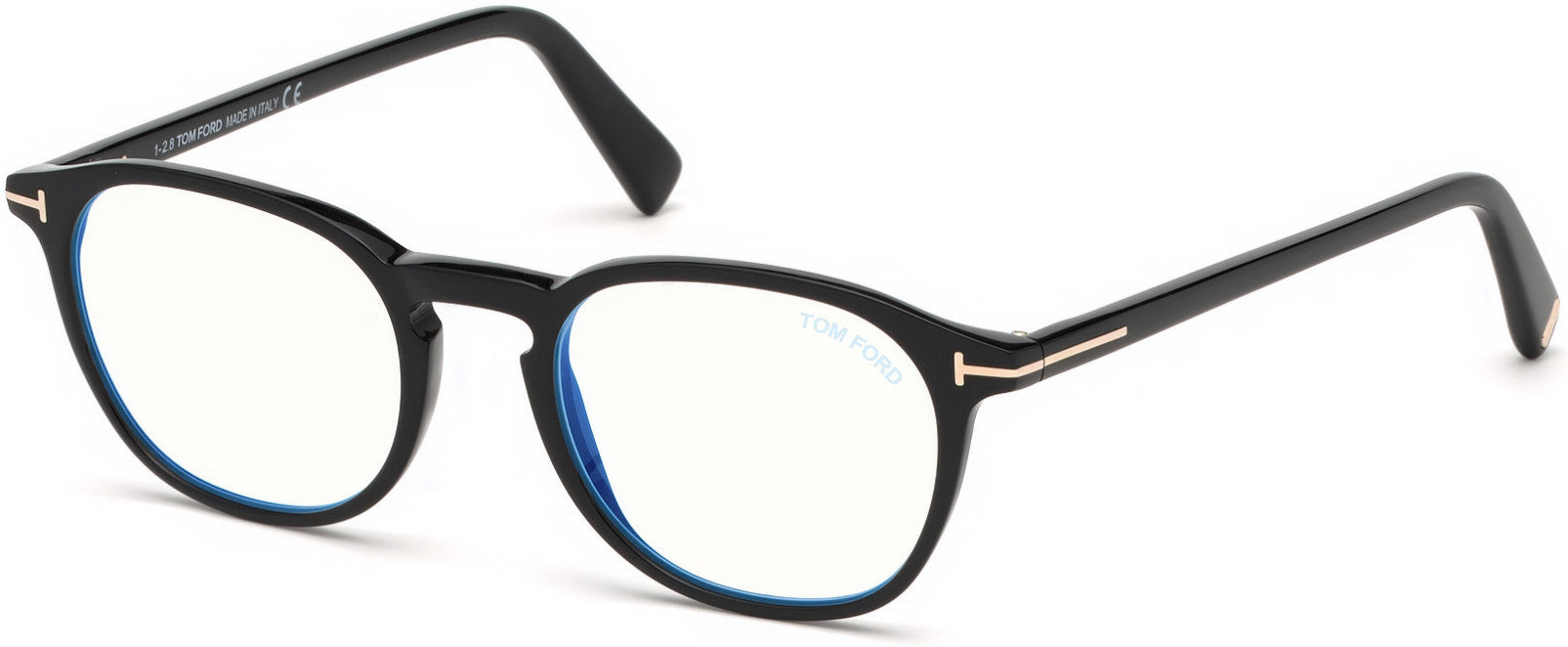 Tom Ford FT5583-B Geometric Eyeglasses 001-001 - Shiny Black, Shiny Rose Gold "t" Logo/ Blue Block Lenses