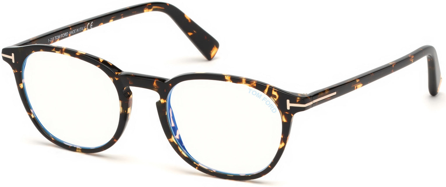 Tom Ford FT5583-B Geometric Eyeglasses 056-056 - Shiny Dark Havana, Shiny Rose Gold "t" Logo/ Blue Block Lenses