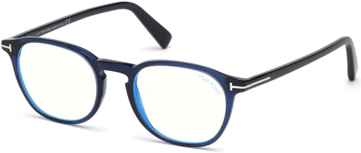 Tom Ford FT5583-B Geometric Eyeglasses 090-090 - Shiny Transp. Blue, Shiny Palladium "t" Logo/ Blue Block Lenses
