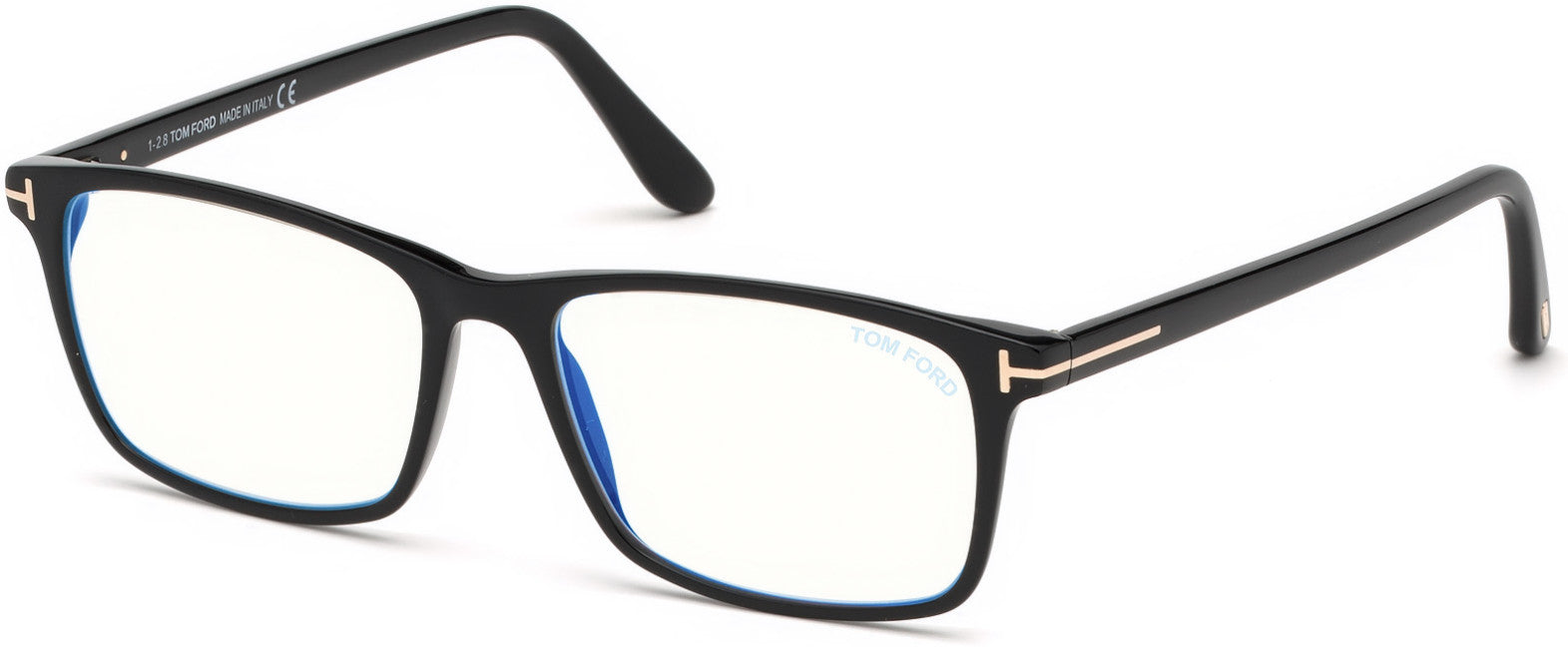 Tom Ford FT5584-B Geometric Eyeglasses 001-001 - Shiny Black, Rose Gold "t" Logo / Blue Block Lenses