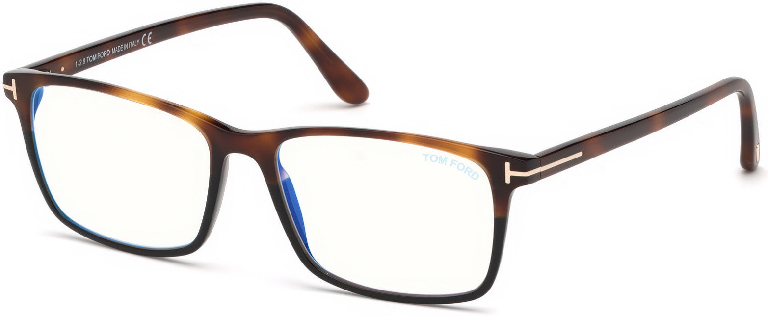 Tom Ford FT5584-B Geometric Eyeglasses 056-053 - Shiny Medium Havana & Black, Rose Gold "t" Logo / Blue Block Lenses