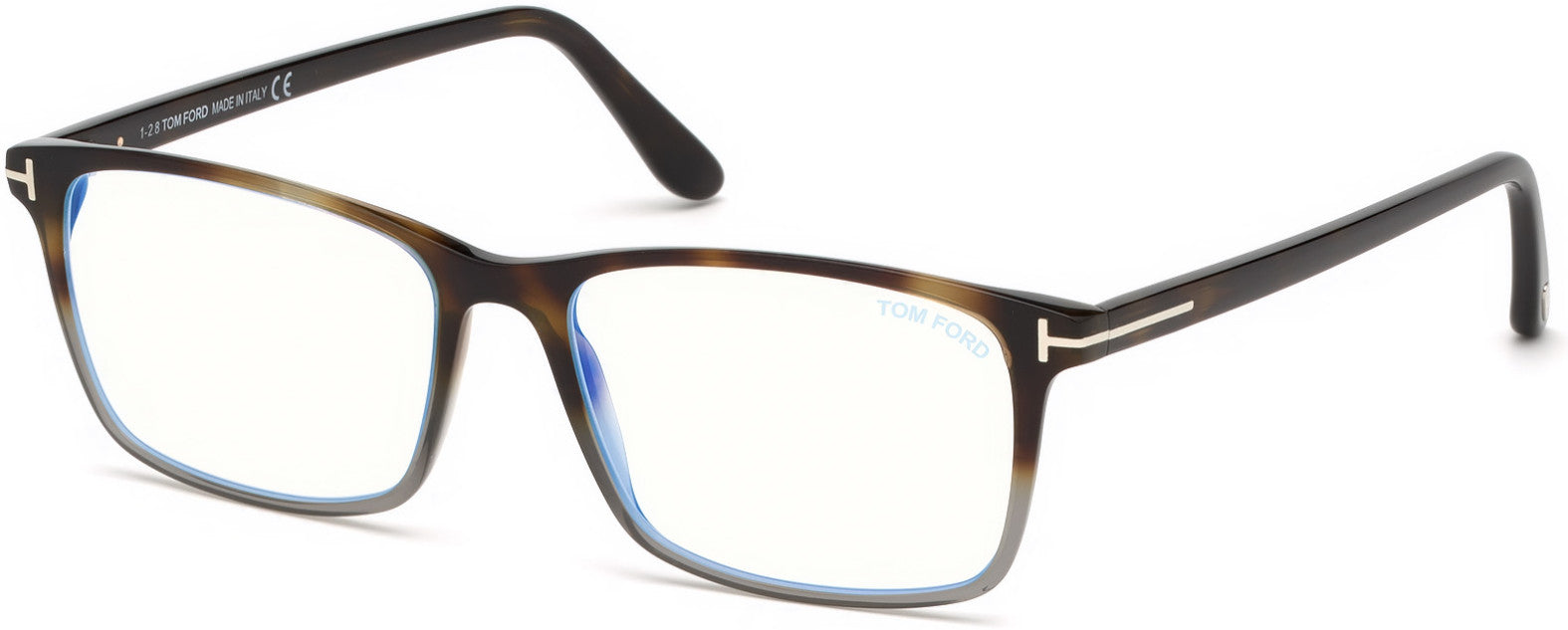 Tom Ford FT5584-B Geometric Eyeglasses 056-056 - Shiny Havana & Grey, Palladium "t" Logo / Blue Block Lenses