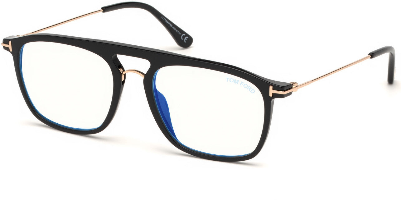 Tom Ford FT5588-B Navigator Eyeglasses 001-001 - Shiny Black, Shiny Rose Gold / Blue Block Lenses