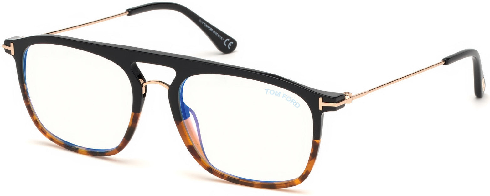 Tom Ford FT5588-B Navigator Eyeglasses 005-005 - Shiny Black & Vintage Havana, Shiny Rose Gold / Blue Block Lenses