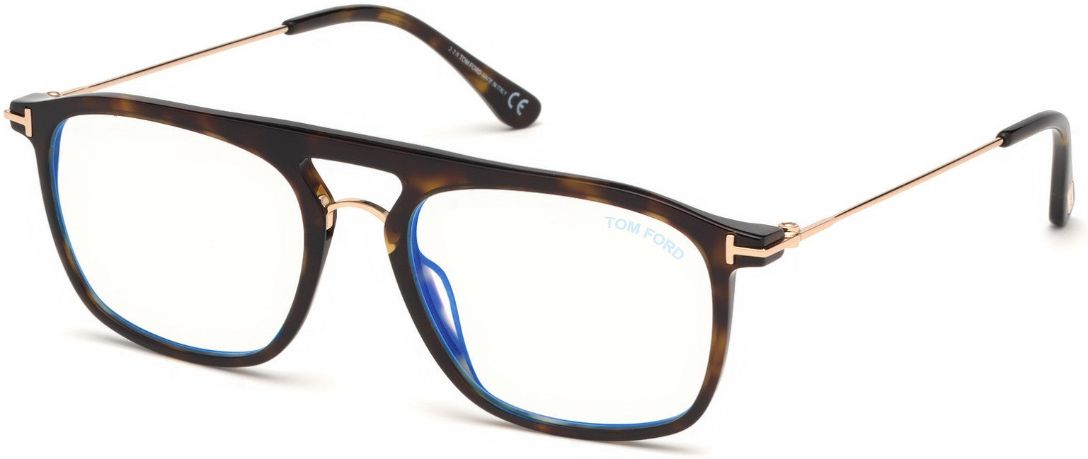 Tom Ford FT5588-B Navigator Eyeglasses 052-052 - Shiny Classic Dark Havana, Shiny Rose Gold/ Blue Block Lenses