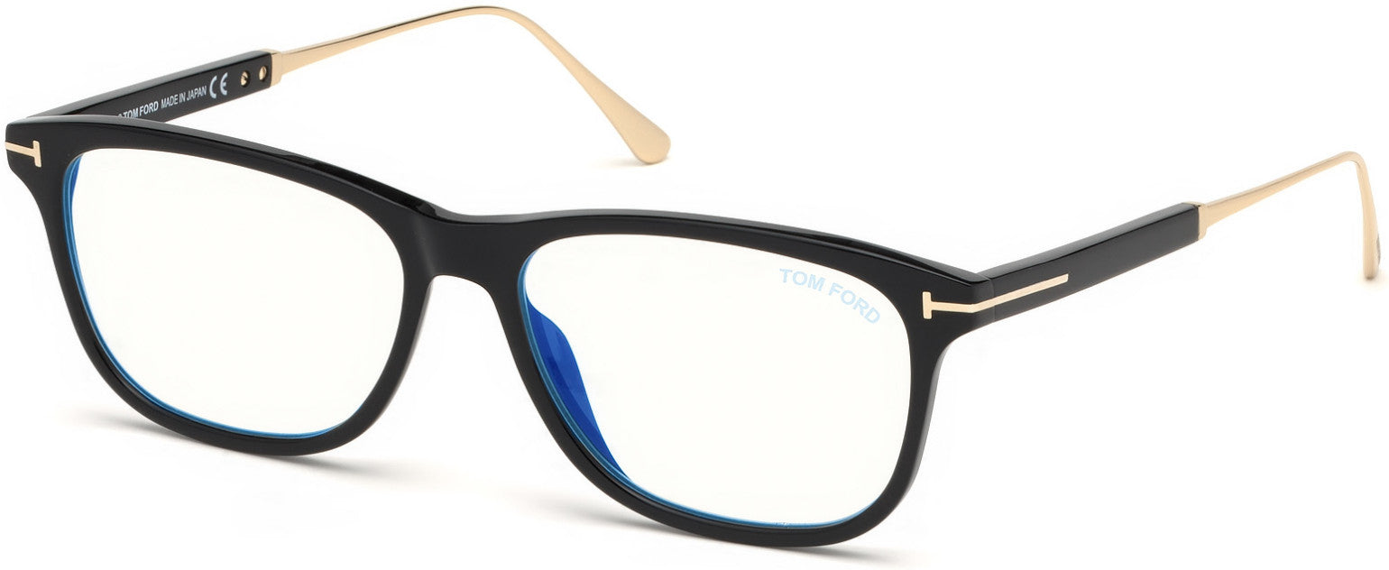 Tom Ford FT5589-B Geometric Eyeglasses 001-001 - Black, Shiny Rose Gold / Blue Block Lenses