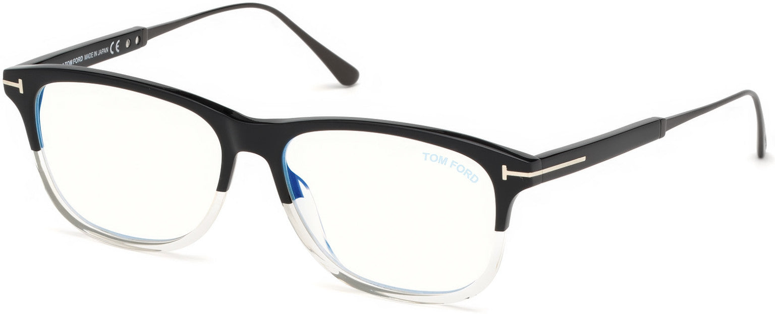Tom Ford FT5589-B Geometric Eyeglasses 003-003 - Black & Crystal, Black Temples, Dark Ruthenium / Blue Block Lenses