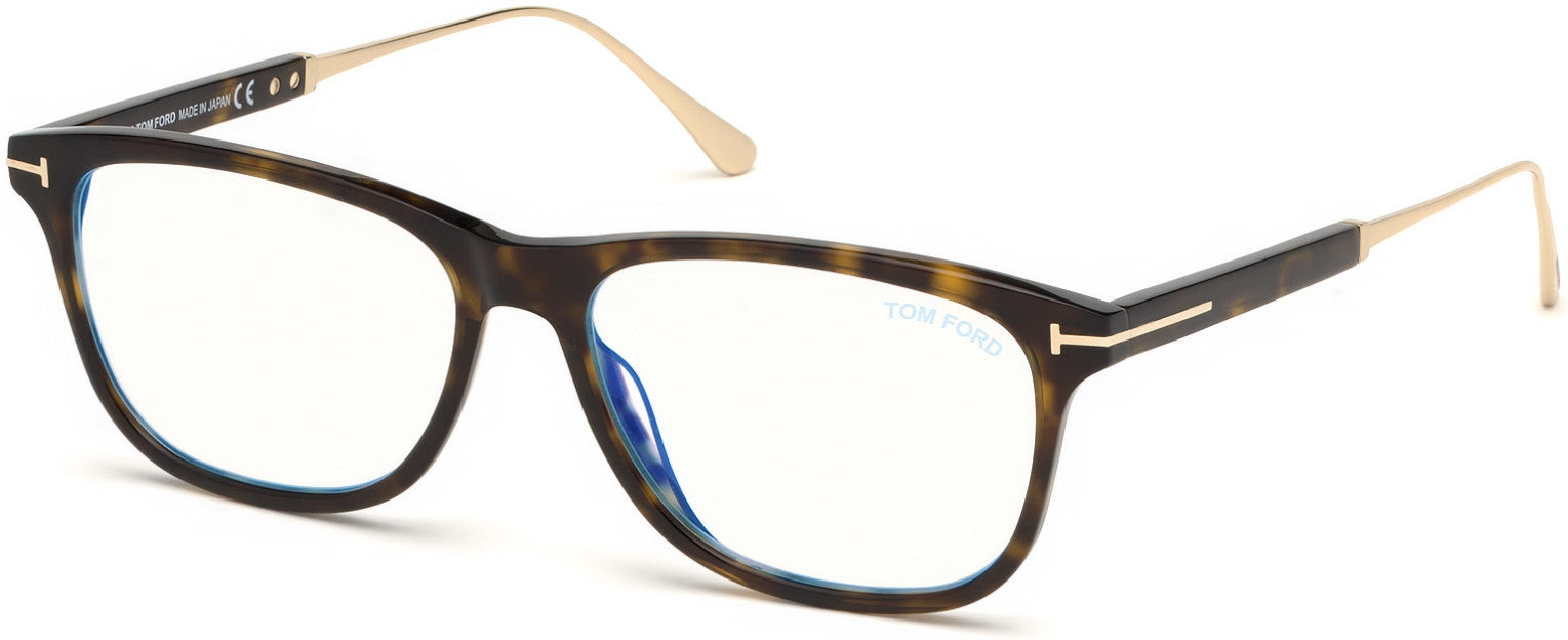 Tom Ford FT5589-B Geometric Eyeglasses 052-052 - Dark Havana, Shiny Rose Gold / Blue Block Lenses