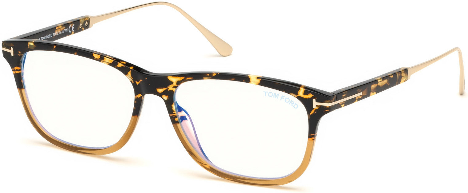 Tom Ford FT5589-B Geometric Eyeglasses 056-056 - Vintage Havana & Amber, Vintage Havana, Rose Gold / Blue Block Lenses