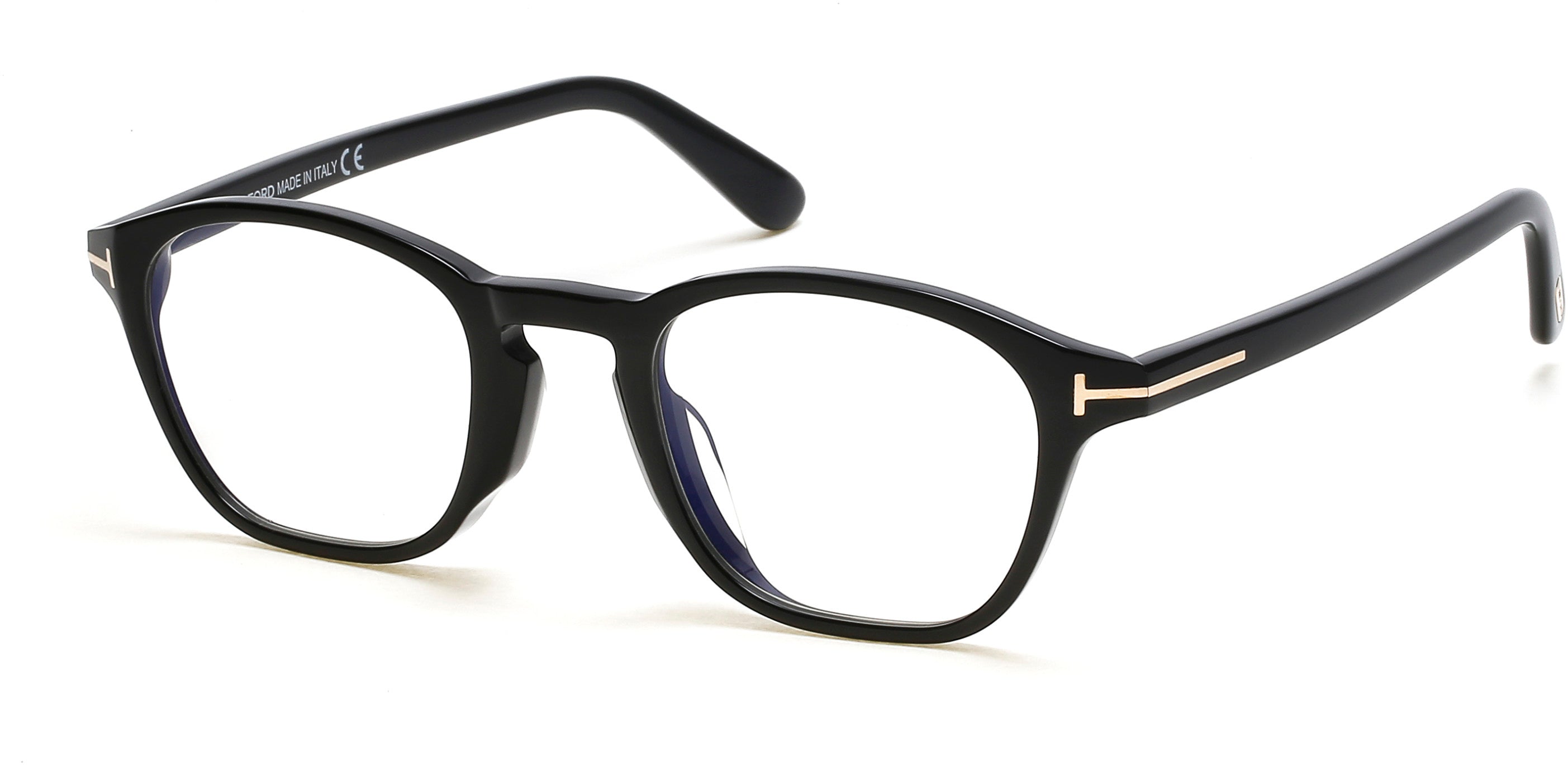 Tom Ford FT5591-D-B Geometric Eyeglasses 001-001 - Shiny Black, Rose Gold "t" Logo/ Blue Block Lenses