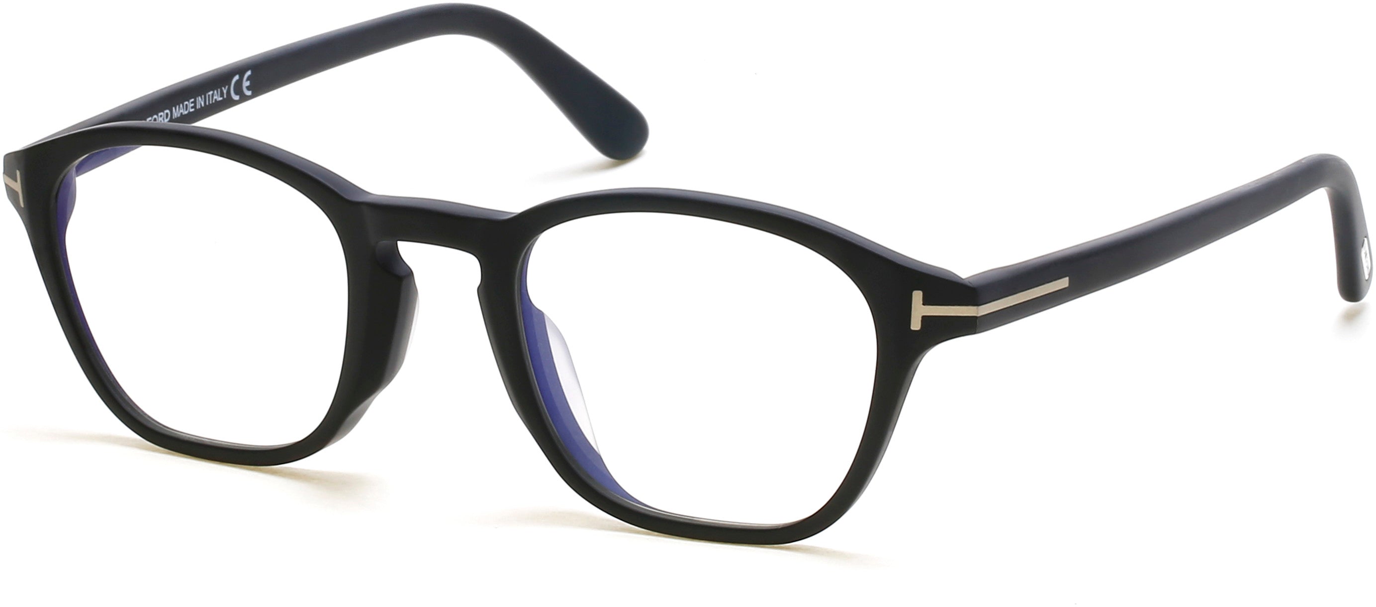 Tom Ford FT5591-D-B Geometric Eyeglasses 002-002 - Matte Black, Rose Gold "t" Logo/ Blue Block Lenses