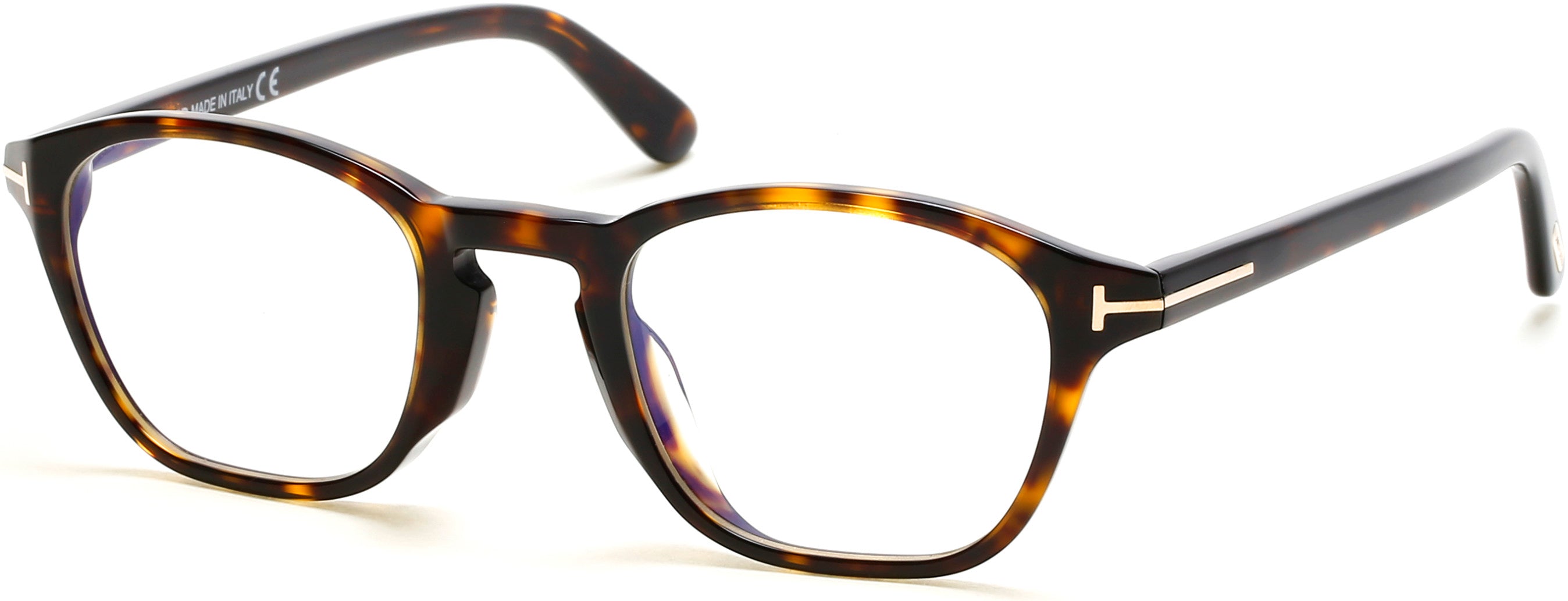 Tom Ford FT5591-D-B Geometric Eyeglasses 052-052 - Shiny Classic Dark Havana, Shiny Rose Gold "t" Logo/ Blue Block Lenses