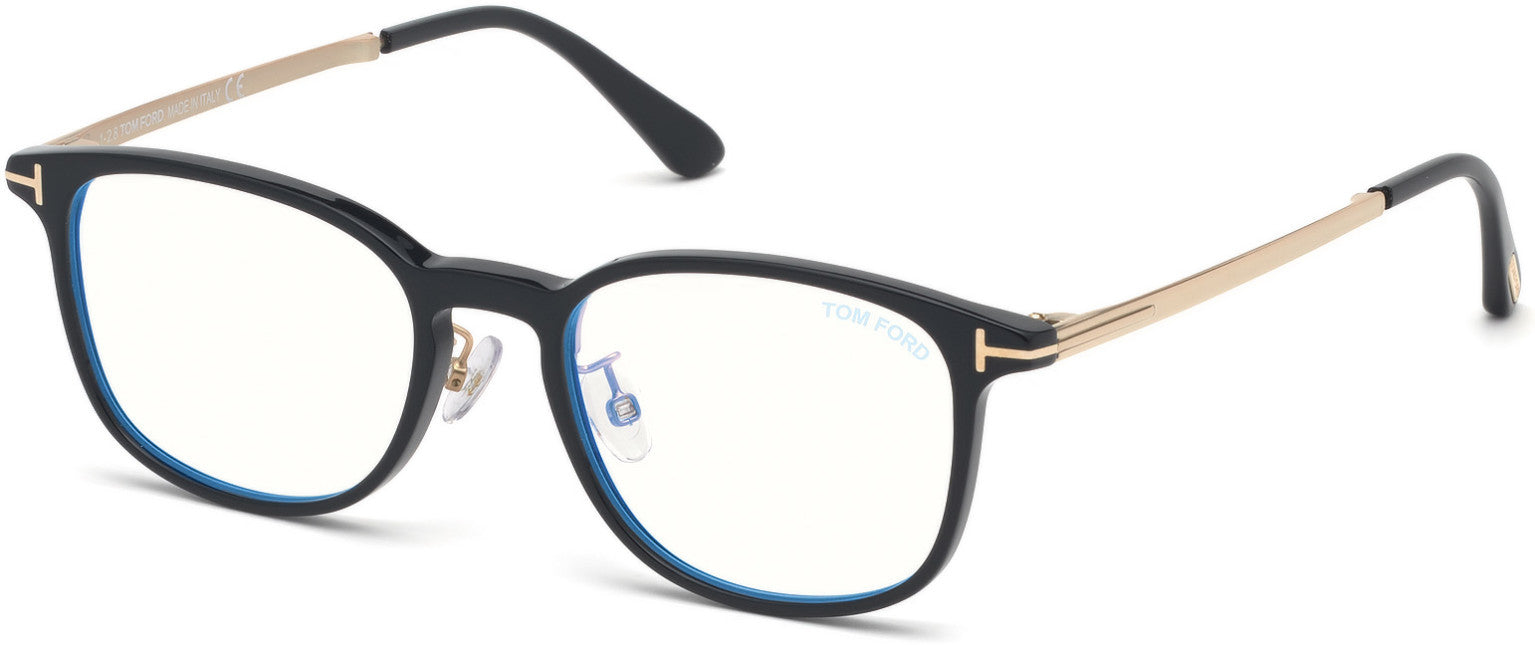 Tom Ford FT5594-D-B Geometric Eyeglasses 001-001 - Shiny Black, Shiny Rose Gold/ Blue Block Lenses