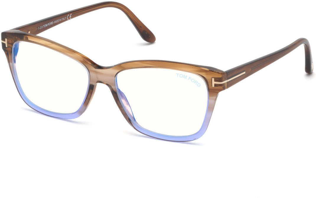Tom Ford FT5597-F-B Square Eyeglasses 047-047 - Shiny Striped Champagne W. Gradient Lilac Front / Blue Block Lenses