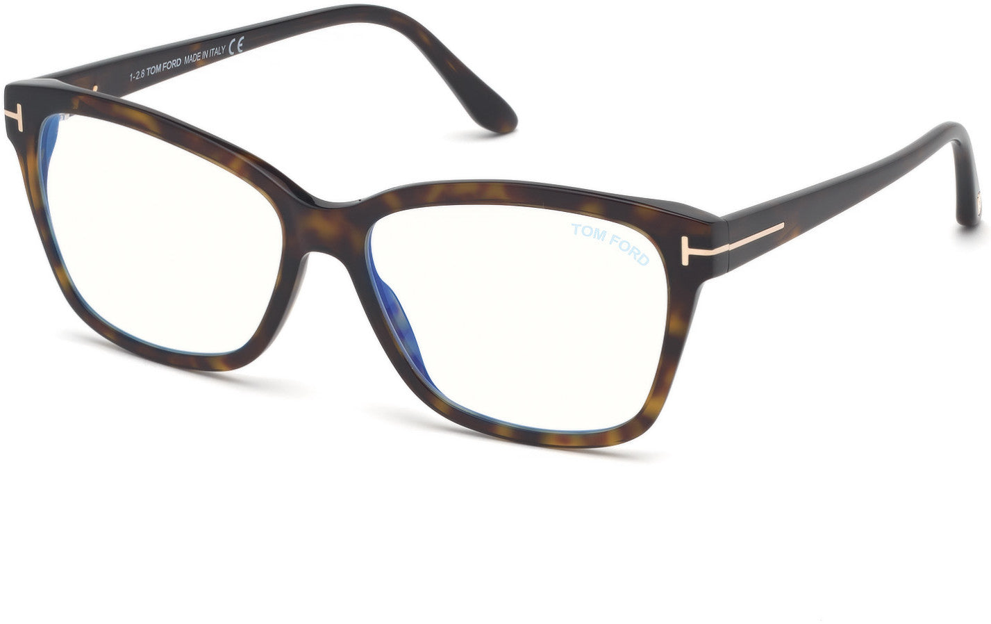Tom Ford FT5597-F-B Square Eyeglasses 052-052 - Shiny Classic Dark Havana / Blue Block Lenses