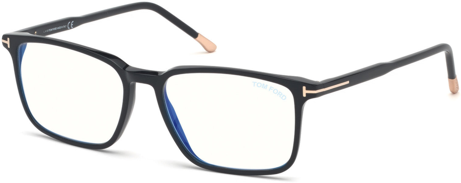 Tom Ford FT5607-B Rectangular Eyeglasses 001-001 - Shiny Black, Shiny Rose Gold "t" Logo/ Blue Block Lenses