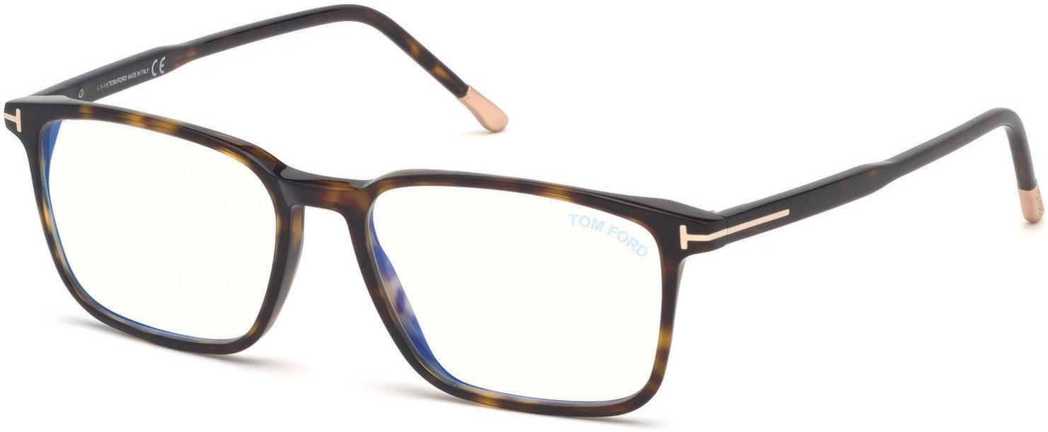 Tom Ford FT5607-B Rectangular Eyeglasses 052-052 - Shiny Classic Dark Havana, Shiny Rose Gold "t" Logo/ Blue Block Lenses