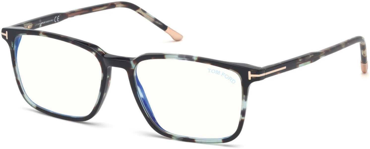 Tom Ford FT5607-B Rectangular Eyeglasses 055-055 - Shiny Dark Teal Havana, Shiny Rose Gold "t" Logo/ Blue Block Lenses