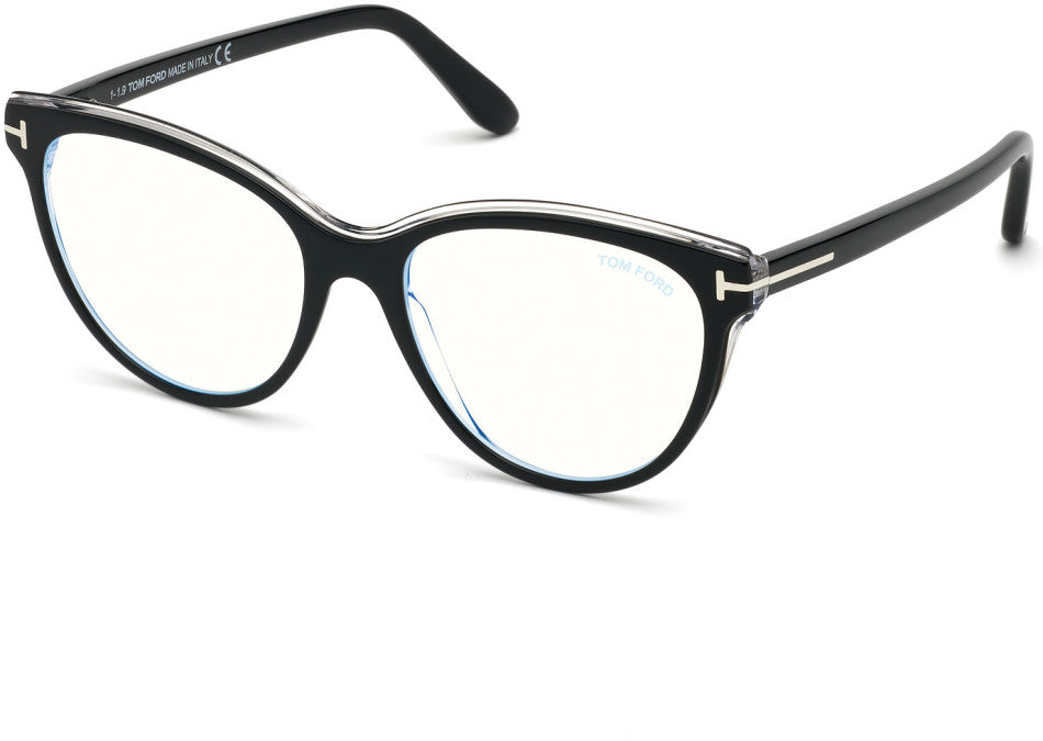 Tom Ford FT5618-B Oval Eyeglasses 001-001 - Shiny Black & Crystal/  Blue Block Lenses