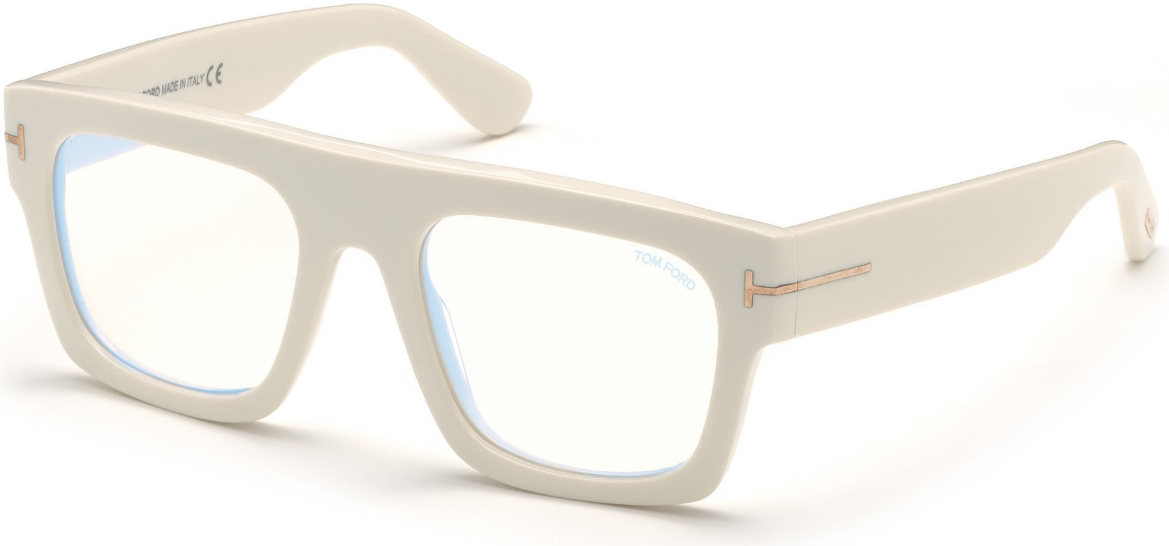 Tom Ford FT5634-B Geometric Eyeglasses 025-025 - Shiny White, Rose Gold "t" Logo/ Blue Block Lenses