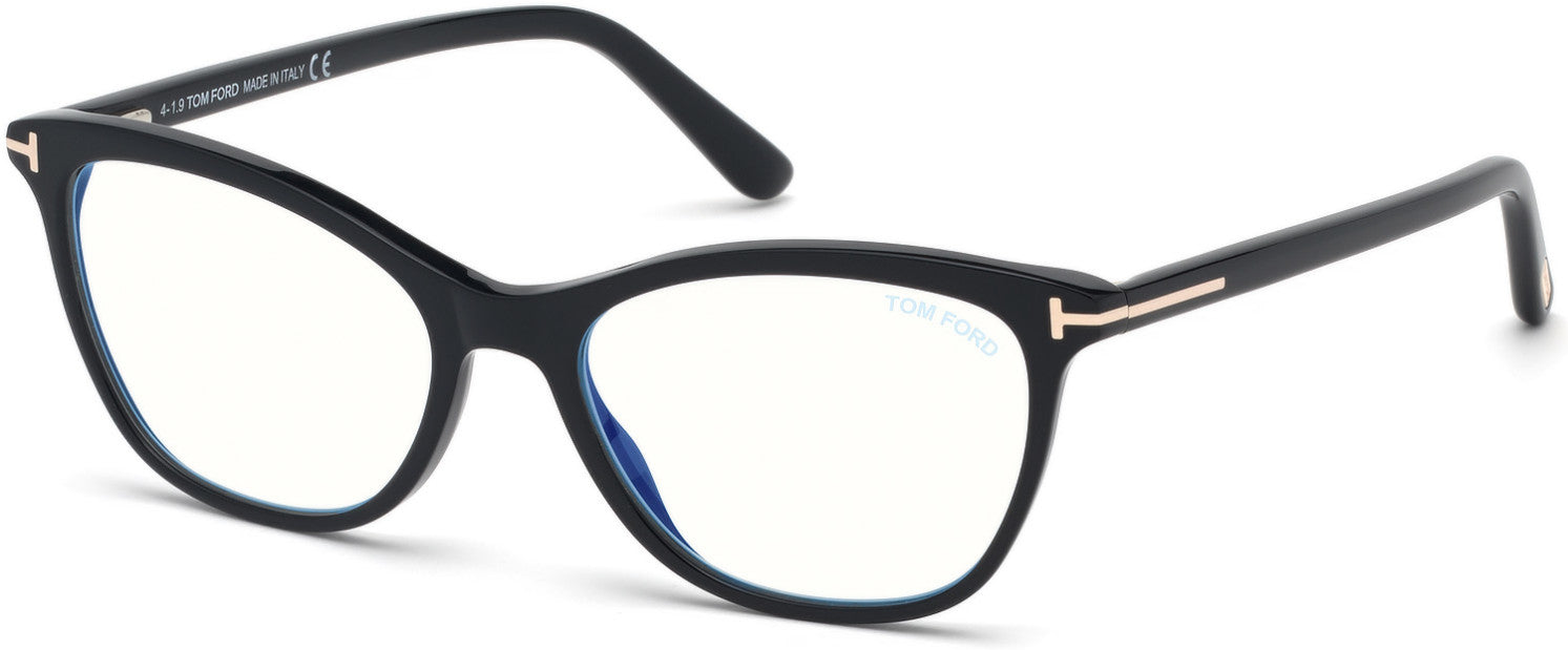 Tom Ford FT5636-B Square Eyeglasses 001-001 - Shiny Black, Rose Gold/ Blue Block Lenses