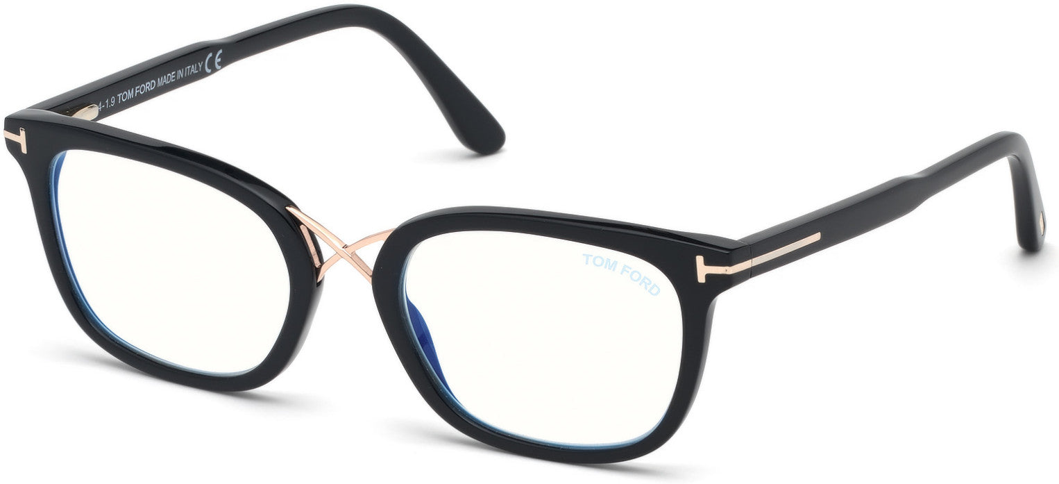Tom Ford FT5637-B Square Eyeglasses 001-001 - Shiny Black, Shiny Rose Gold/ Blue Block Lenses