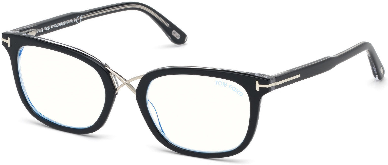 Tom Ford FT5637-B Square Eyeglasses 005-005 - Shiny Black & Crystal, Shiny Palladium/ Blue Block Lenses