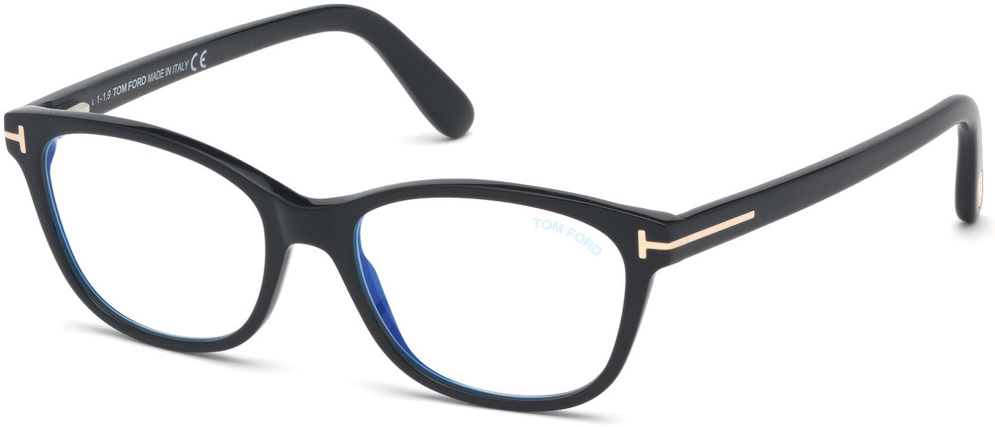 Tom Ford FT5638-B Square Eyeglasses 001-001 - Shiny Black, Rose Gold/ Blue Block Lenses