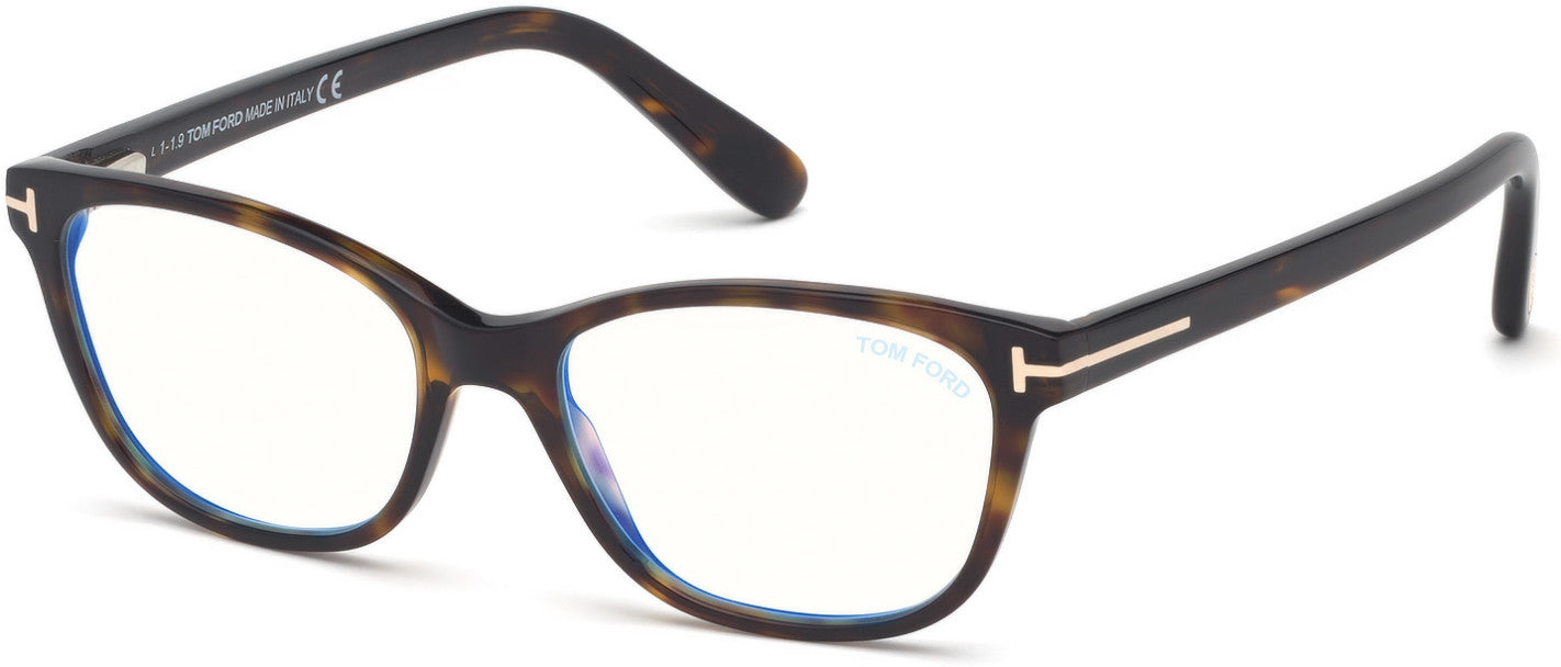 Tom Ford FT5638-B Square Eyeglasses 052-052 - Shiny Classic Dark Havana, Rose Gold/ Blue Block Lenses