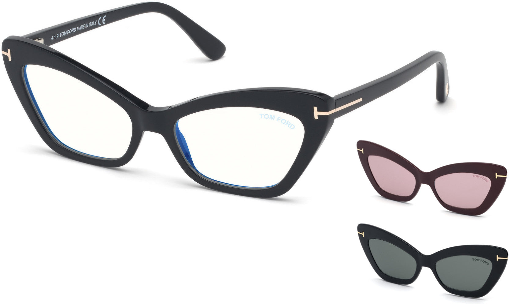 Tom Ford FT5643-B Cat Eyeglasses 001-001 - Black, Blue Block/ Clips: Black & Smoke Green, Burgundy & Silver Flash