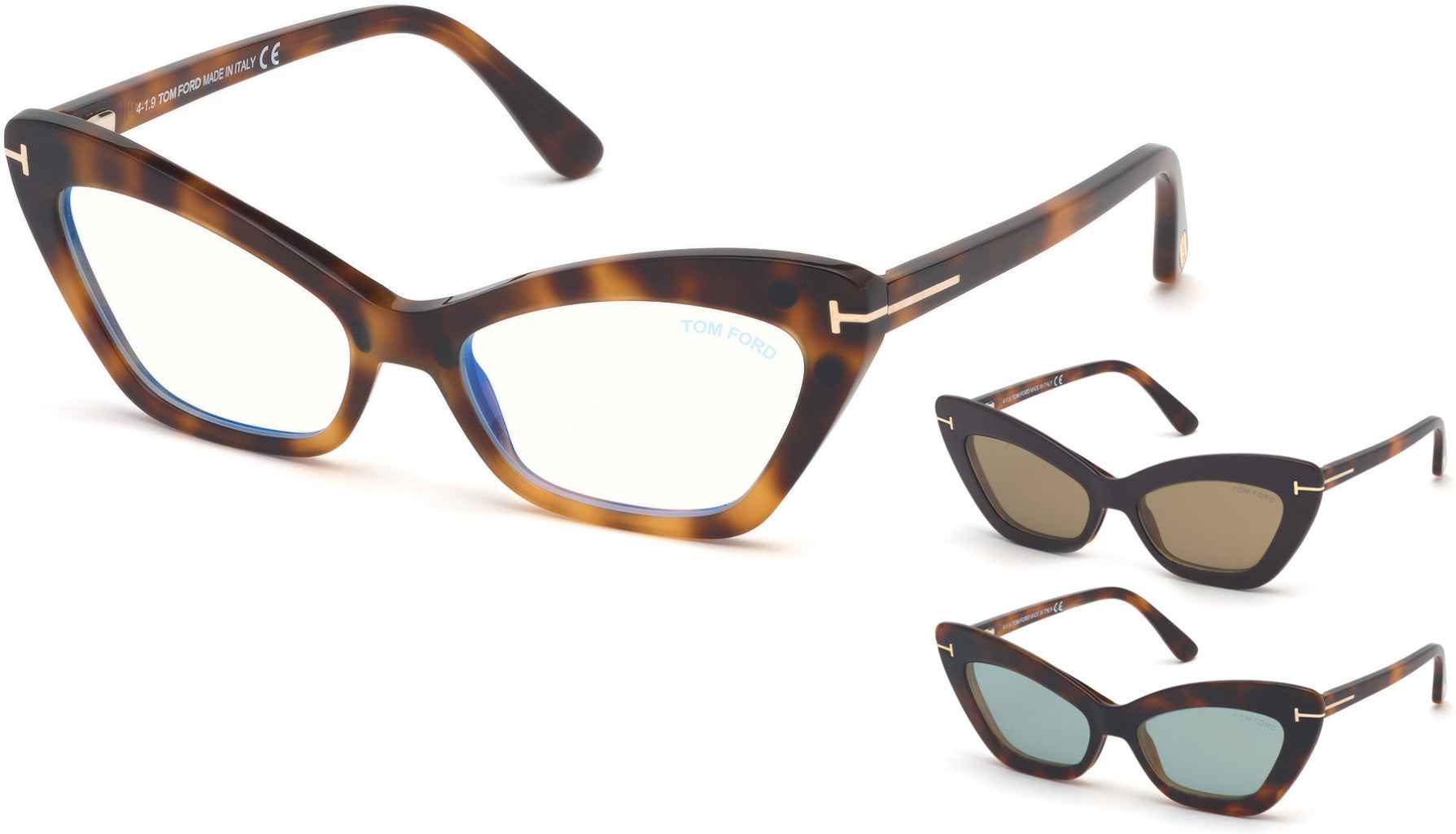 Tom Ford FT5643-B Cat Eyeglasses 052-052 - Havana, Blue Block/ Clips: Havana & Turquoise, Plum & Roviex