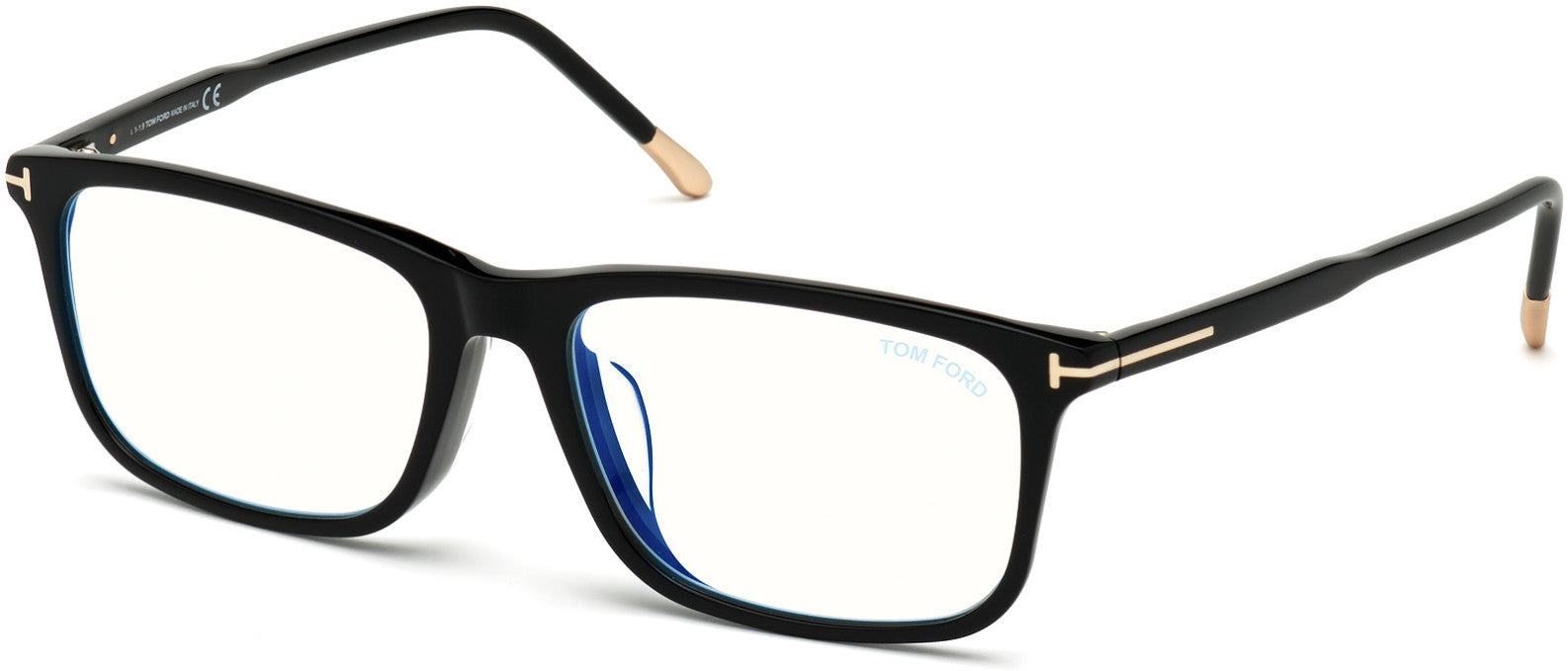 Tom Ford FT5646-D-B Rectangular Eyeglasses 001-001 - Shiny Black W. Shiny Rose Gold Temple Tips/ Blue Block Lenses