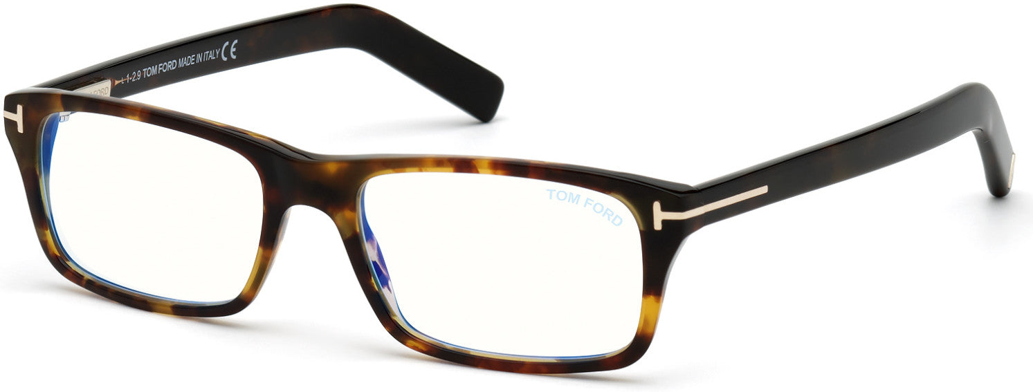 Tom Ford FT5663-B Rectangular Eyeglasses 055-055 - Shiny Vintage Havana/ Blue Block Lenses