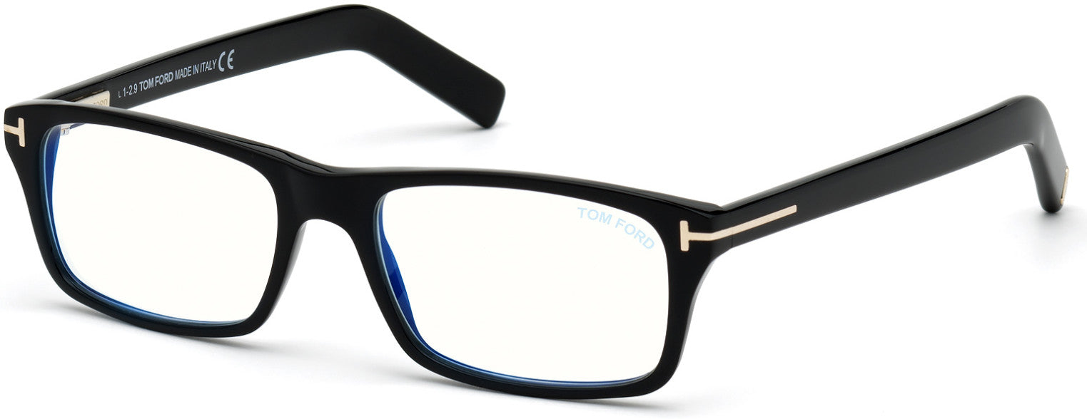 Tom Ford FT5663-F-B Rectangular Eyeglasses 001-001 - Shiny Black/ Blue Block Lenses