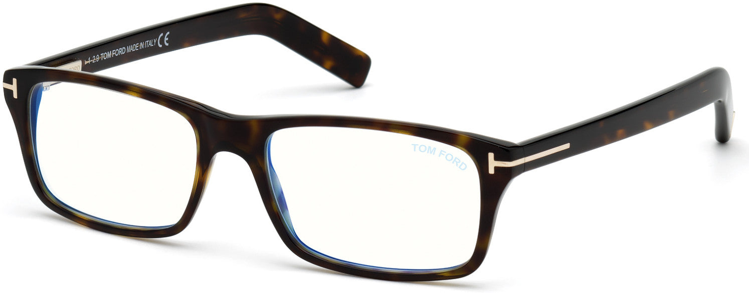 Tom Ford FT5663-F-B Rectangular Eyeglasses 052-052 - Shiny Classic Dark Havana/ Blue Block Lenses