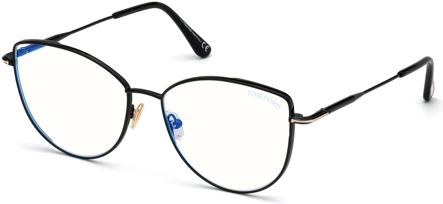 Tom Ford FT5667-B Cat Eyeglasses 001-001 - Shiny Black/ Blue Block Lenses