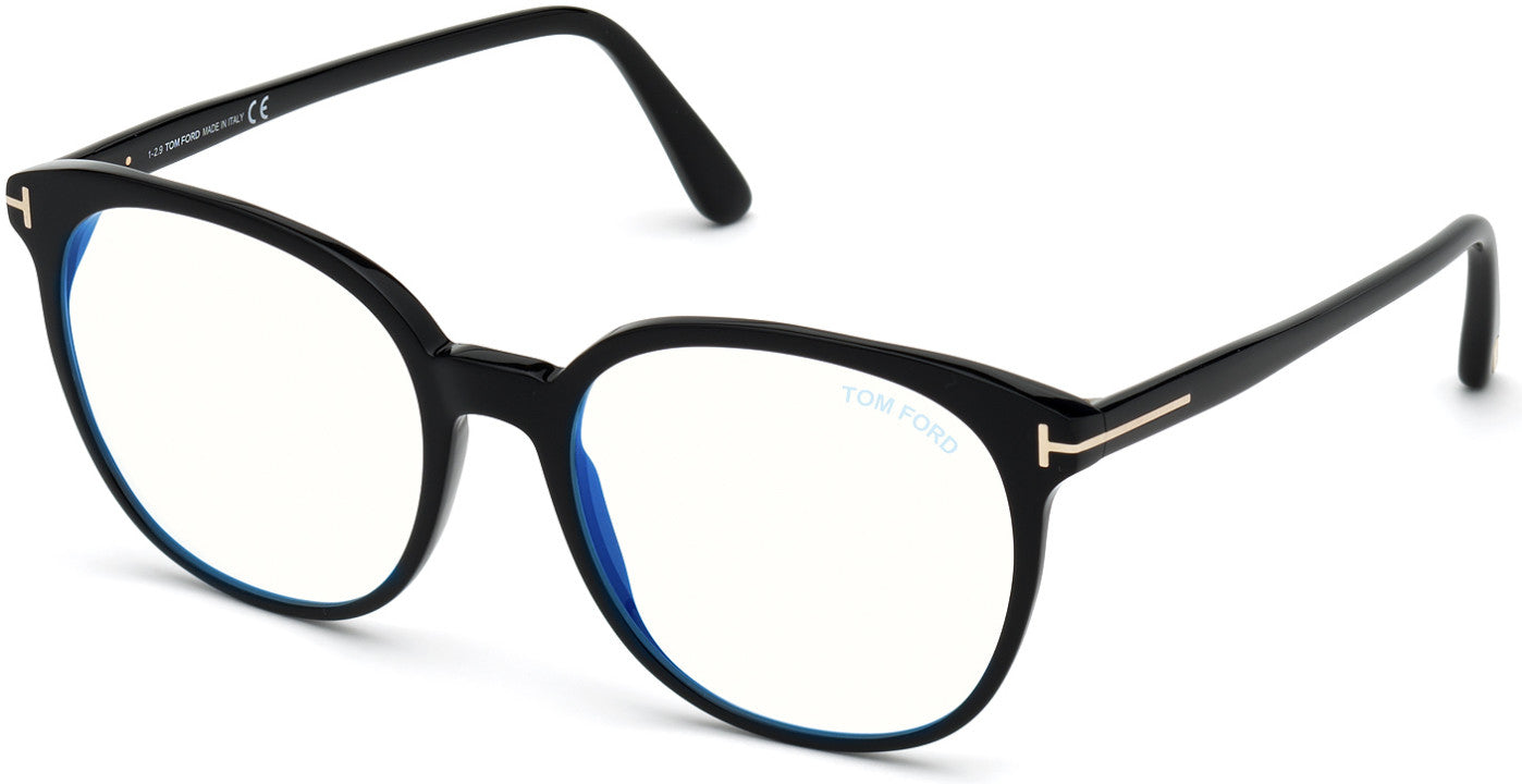Tom Ford FT5671-F-B Round Eyeglasses 001-001 - Shiny Black/ Blue Block Lenses