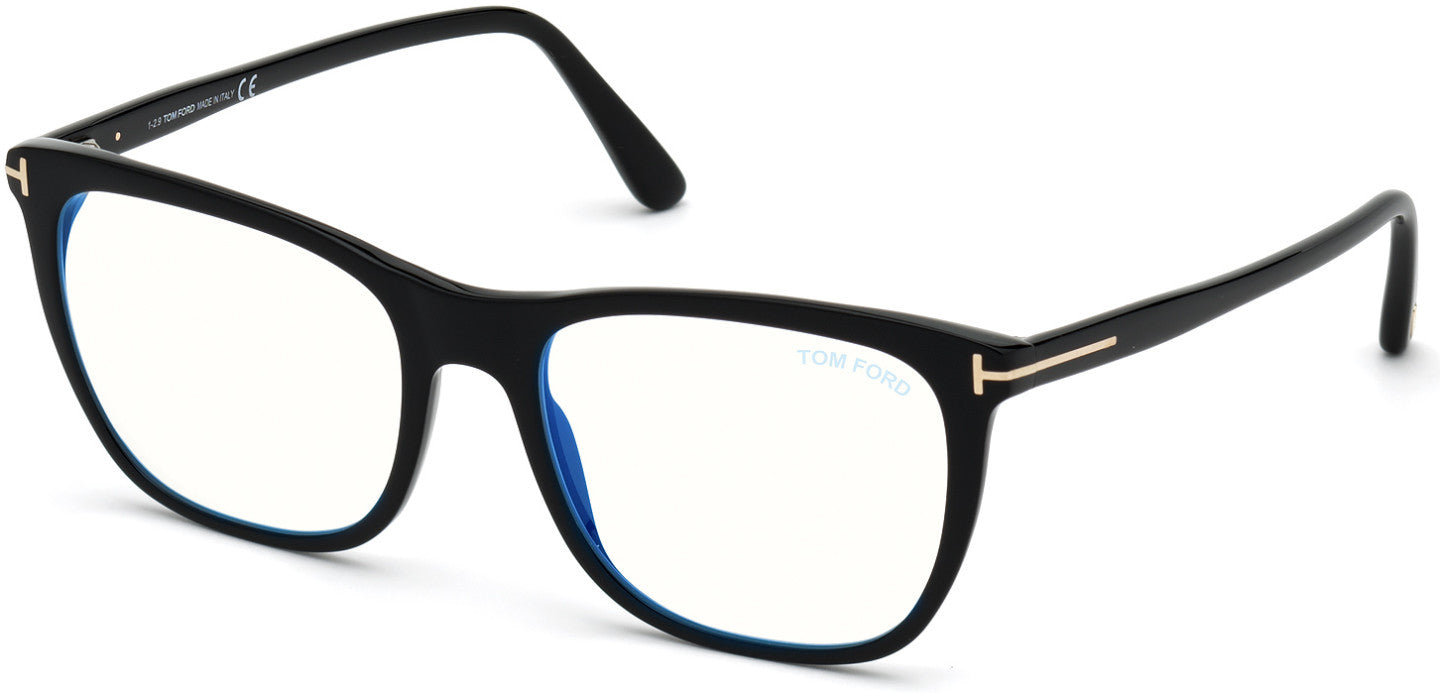Tom Ford FT5672-B Square Eyeglasses 001-001 - Shiny Black/ Blue Block Lenses